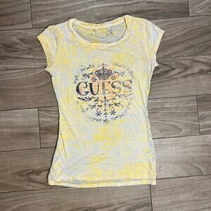 Vintage GUESS Semi-Sheer Burnout Graphic T-Shirt Women's Yellow Medium